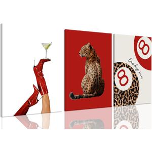 3Pcs Trendy Cheetah Wall Art Leopard Canvas Prints Framed Pictures Funky Lucky 8 Ball Red Posters Decor Paintings Aesthetic Y2k for Girly Bedroom Apartment Dorm Bathroom Living Room, 12"x16"