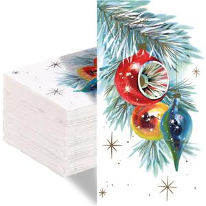 Quera 50 Pack Christmas Guest Napkins Disposable Vintage Xmas Ball Pine Paper Napkins Decorative Paper Hand TOwels for New Year Winter Dinner Holiday Party Supplies
