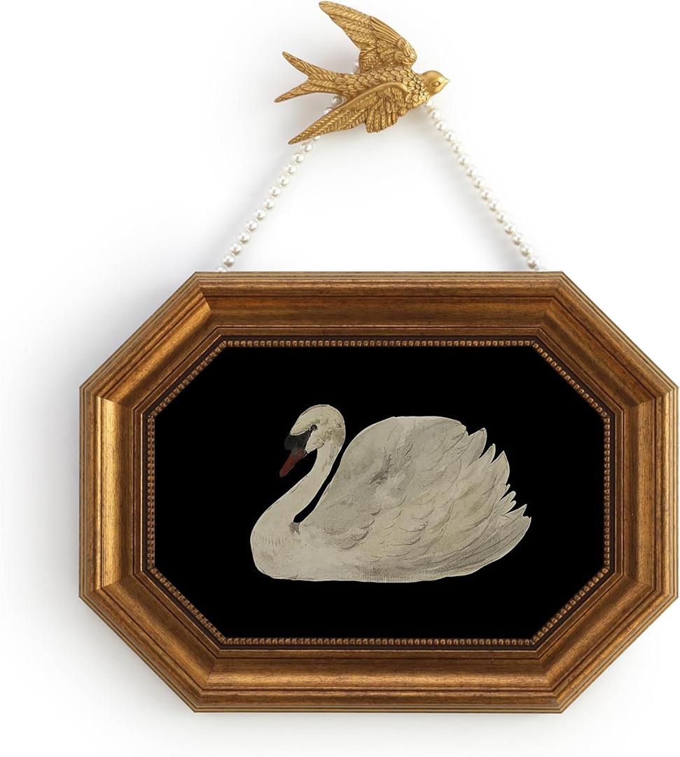 Zelvix Vintage Wall Art Framed, Gold Framed Wall Art Decor, Black Swan Classical Vintage Painting Prints, 8"x12" Picture Frame for Living Room Bathroom Kitchen Bedroom