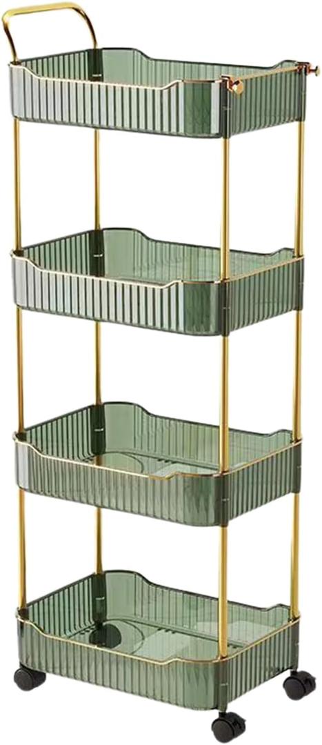 4-Tier Acrylic Rolling Storage Cart, Rolling Utility Cart, Kitchen Cart with Wheels for Bathroom,Living Room, Kithcen, Office Storage and Organization (14''X10''X37'')(Green)