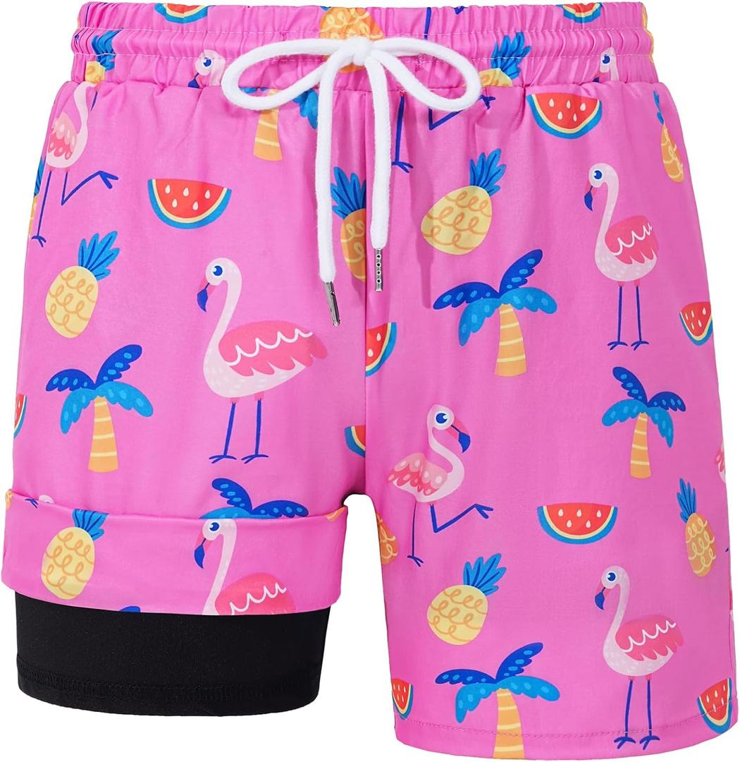 HASMES Boys Swim Trunks with Compression Liner Kids Bathing Suit Quick Dry Board Shorts Swimsuit for Teen 5-14Y (8-9 Years, Rose Red)