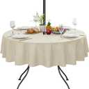 LUSHVIDA Outdoor Tablecloth with Umbrella Hole - Patio Table Cloth Zippered Round 60 Inch, Beige Linen-Look Polyester Table Cover Water Resistant for Picnic Outside
