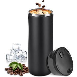 17 oz / 500 ml Travel Coffee Mug, One-Handed Black Insulated Coffee Tumbler with Lid, Leak Proof Stainless Steel Coffee Cup, Reusable Water Bottle for Office, Car, Travel, Hot Coffee and Cold Drinks