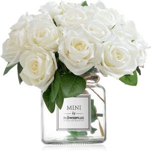 Artificial White Rose Flowers with Vase,Fake Silk Pink Peony Bouquet with Glass Jar Home Rope for Wedding Proposal Bride Home Decoration and The Best Gift (White)