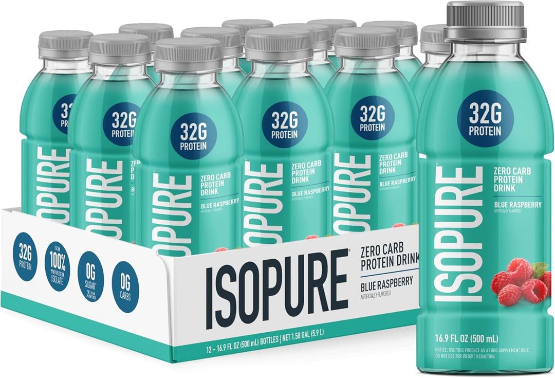 Isopure Zero Carb 32g Clear Protein Ready-to-Drink, Whey Protein Isolate, Blue Raspberry, 12 Pack (Packaging May Vary) (16 Fl Oz (Pack of 12))