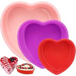 3 Pieces Silicone Heart Cake Pan, 5 8 10 inches Heart Shaped Cake Pan Nonstick Cheesecake Mold Food Grade Silicone Baking Mold for Baking Brownie Valentine Mother Wedding Birthday Day, Red Pink Purple