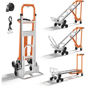Aluminum 4 in 1 Convertible Hand Truck Dolly Cart with Wheels, 1000Lbs Capacity, Heavy Duty Stair Climbing Hand Trucks with Bungee Cord&Strap for Flat Ground & Stairs, Logistics, Home, Office, Orange