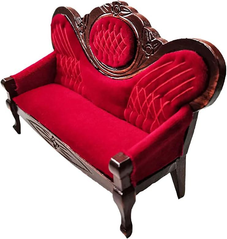 1:12 Miniature Mini House Furniture Vintage Red Wooden Carved Sofa for Miniature Accessories Furniture Decoration Birthday