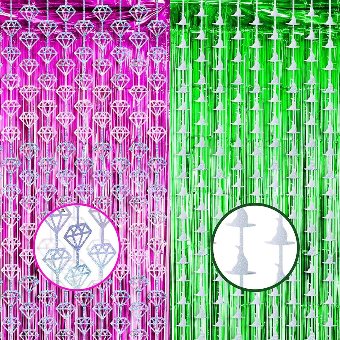 4 Pack Pink and Green Party Decoration 3.3 x 6.6 ft Witch Hat and Diamond Tinsel Foil Fringe Curtain Witch and Princess Booth Photo Backdrop Backgrounds String for Birthday Party Supplies