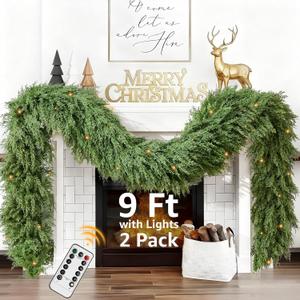 Cedar Christmas Garland for Mantle - 2 Pack Decorations with Lights 9 ft Realistic Lighted Faux Pine Garlands for Xmas Indoor Outdoor Prelit Decoration 9ft Garland for Door Stairs Railing Fireplace