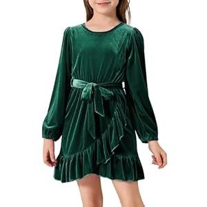 blibean Tween Girls Velvet Fall Dresses Teen Kids Long Sleeve Velour Outfits Semi Formal Flannel Casual Party Clothes Size 12-13 Years Old Deep Green