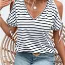 Verdusa Women's Bow Tie Cold Shoulder Striped Graphic Tees Summer Tunic Going Out Tops Small