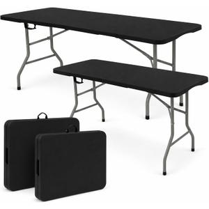 Set of 2 Folding Table 6 FT Lightweight Camping Table Black Portable Plastic Rectangular Outdoor Dining Table Steel Legs Fold-in-Half with Carrying Handle for Indoor,Picnic,Party,Wedding,Events