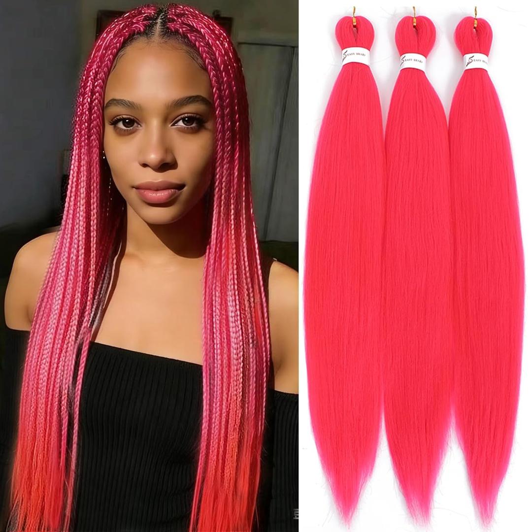 Hot Pink Braiding Hair Pre stretched Colored Hair Extension Prestretched Soft Yaki Knotless Easy Braid for Micro Box Crochet Braid(Hot Pink,3packs,26inch)