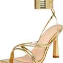Mostrin Womens Sandals Strappy Heels for Women Lace Up Square Open Toe Heels Tie Up High Heeled Sandals for Prom, Party, Daily Wear (7.5, Gold)