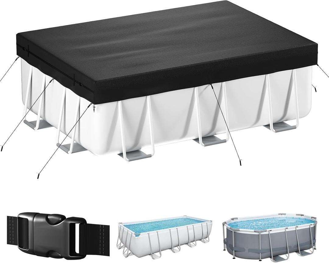 10x16 FT Rectangular Pool Cover, Solar Pool Cover for Above Ground Pool, Swimming Pool Cover Including Buckle, Drawstring and Ground Nails for Rectangular or Oval Pools