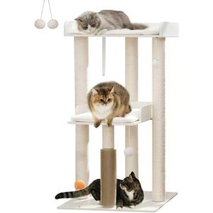 FourFurPets 43.7" Cat Tree, Modern Cat Tree Tower, Cat Tower for Indoor Cats Large Adult, Cat Condo with Scratching Post, Large Perch and Removable Pads, White