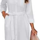 Womens Button Down Shirt Dresses with Pockets Cotton Button Up Tunics Long Sleeve Solid High Low Blouse Tops (Large, White With Belt)