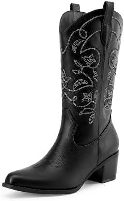 DREAM PAIRS Cowboy Boots for Women Cowgirl Western Boots Fashion Embroidery Stitched Chunky Heel Mid Calf Boots, 8