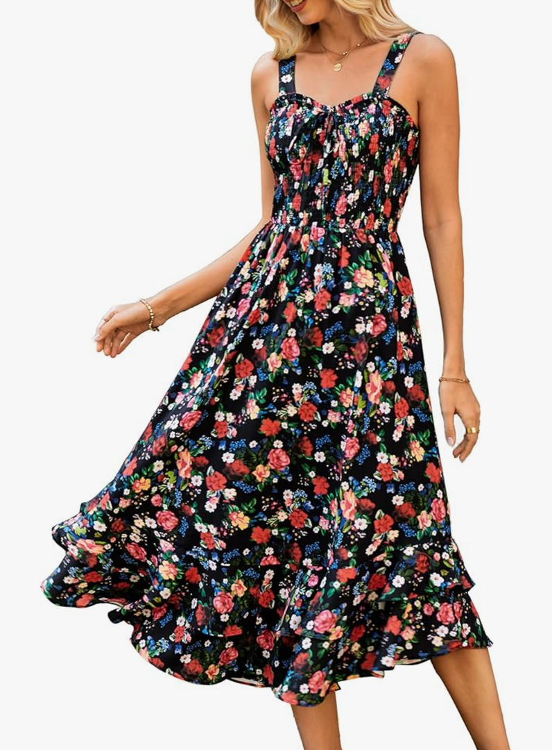 GRACE KARIN Women's 2025 Summer Floral Boho Dress Square Neck Strapped Swing A Line Sundress Beach Long Maxi Outfits,  S