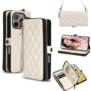 Rssviss Crossbody Case for iPhone 16 Pro Max Case Wallet, RFID Blocking Leather with Card Holder Kickstand, Handbag Zipper Flip Cover with Wrist Strap for iPhone 16 Pro Max Men Women 6.9", White
