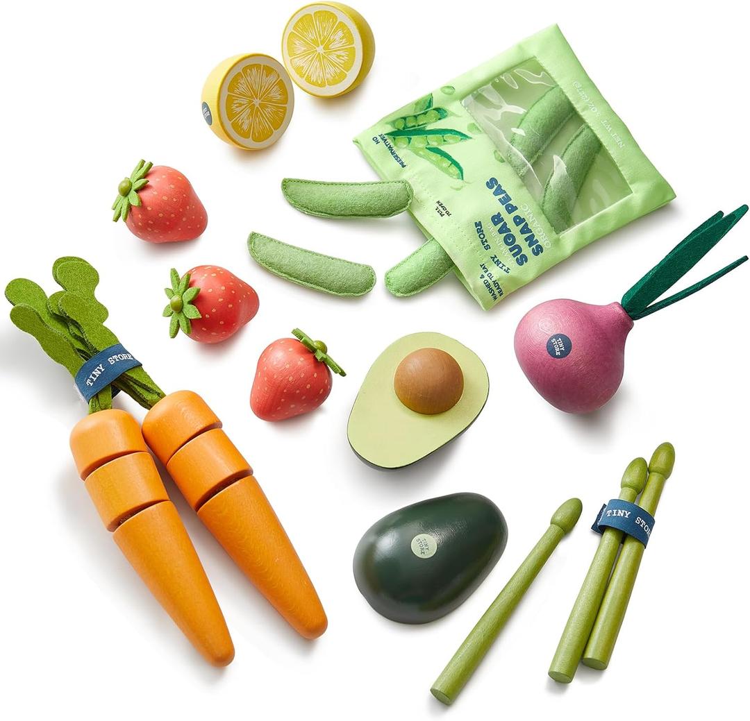 Tiny Land Organic Wooden Vegetable & Fruit Play Set  7PCS Pretend Food for Kids, Montessori Kitchen Toy for Toddlers, Role Play Grocery Gift