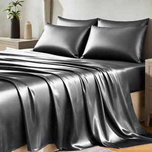 CozyLux Satin Sheets Full Size Sheets - 6 Piece Silky Full Size Bed Sheets, Luxury Dark Grey Full Bed Set with Smooth and Soft Microfiber, Includes 1 Fitted Sheet, 1 Flat Sheet and 4 Pillowcases