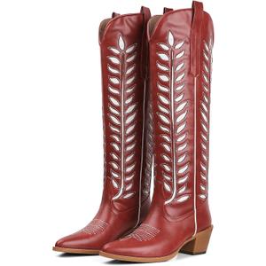 Synchoiss Cowboy Boots for Women Knee High with Retro Embroidered Cowgirl Boots Almond Pointed Toe Chunky Heel Western Tall Boots Pull on (8)