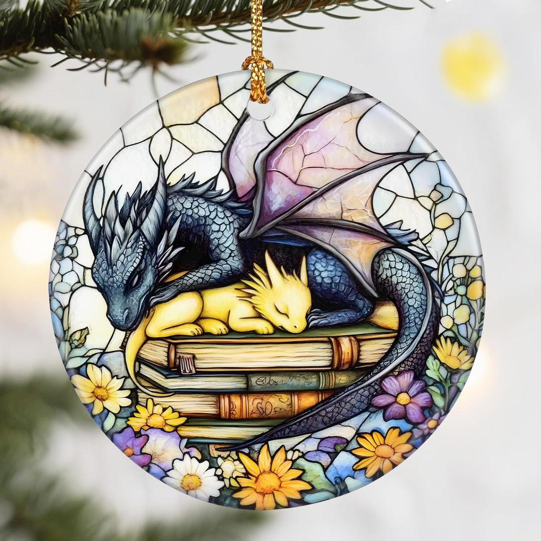 Christmas Ornaments, Dodosky 2.8in Ceramic Dragon Ornament, Xmas Decor, Christmas Tree Ornaments, Xmas Decorations for Tree, Holiday Ornament, Book Lover Gift, Gifts for Bookworm, Dragon Lovers