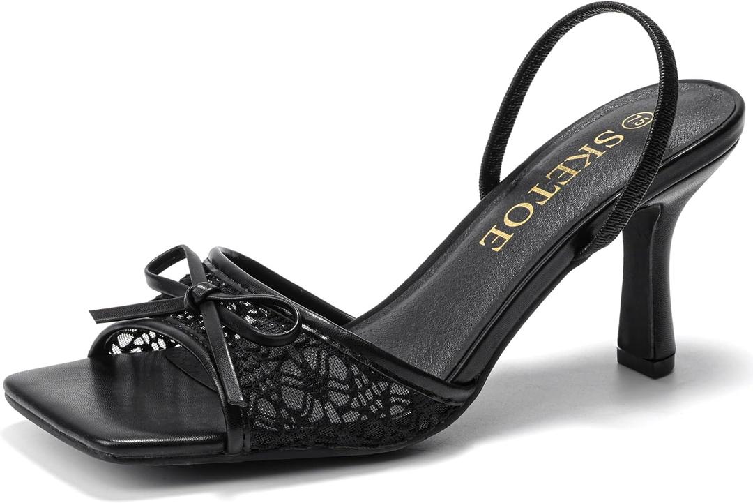SKETOE Kitten Heels for Women Square Toe Mesh Sandals Bow Knots Heels Open Toe Sandals for Women Comfortable Dressy Shoes for Wedding Party, Black, Size 8.5