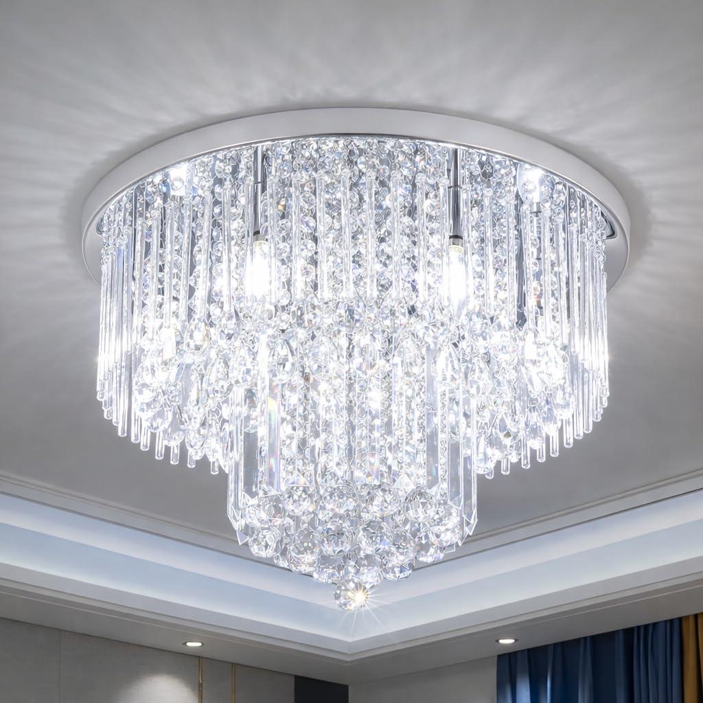 Modern Chrome K9 Crystal Chandelier Flush Mount Ceiling Light, D22 x H13