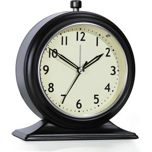 AYRELY 4-inch Battery Operated Alarm Clock Silent Analog Desk Clocks with Light Vintage Metal Table Clock for Living Room Shelf Bedside Home Decor (Black)