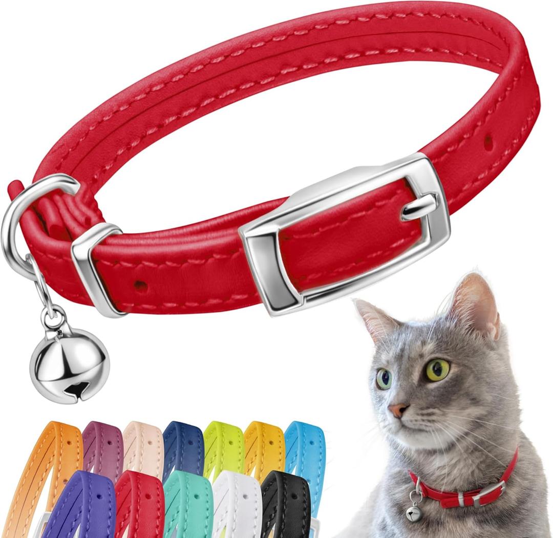 CollarDirect Leather Cat Collar with Bell - Kitten Collar, Small and Big Cat for Boy Cats, Girl Cats with Safety Elastic Strap (Neck Fit 8"-11", Red)