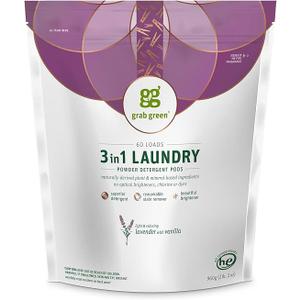 Grab Green Natural 3 in 1 Laundry Detergent Pods, Lavender + Vanilla-with Essential Oils, Organic Enzyme-Powered, Plant & Mineral-Based, White, 34 Oz