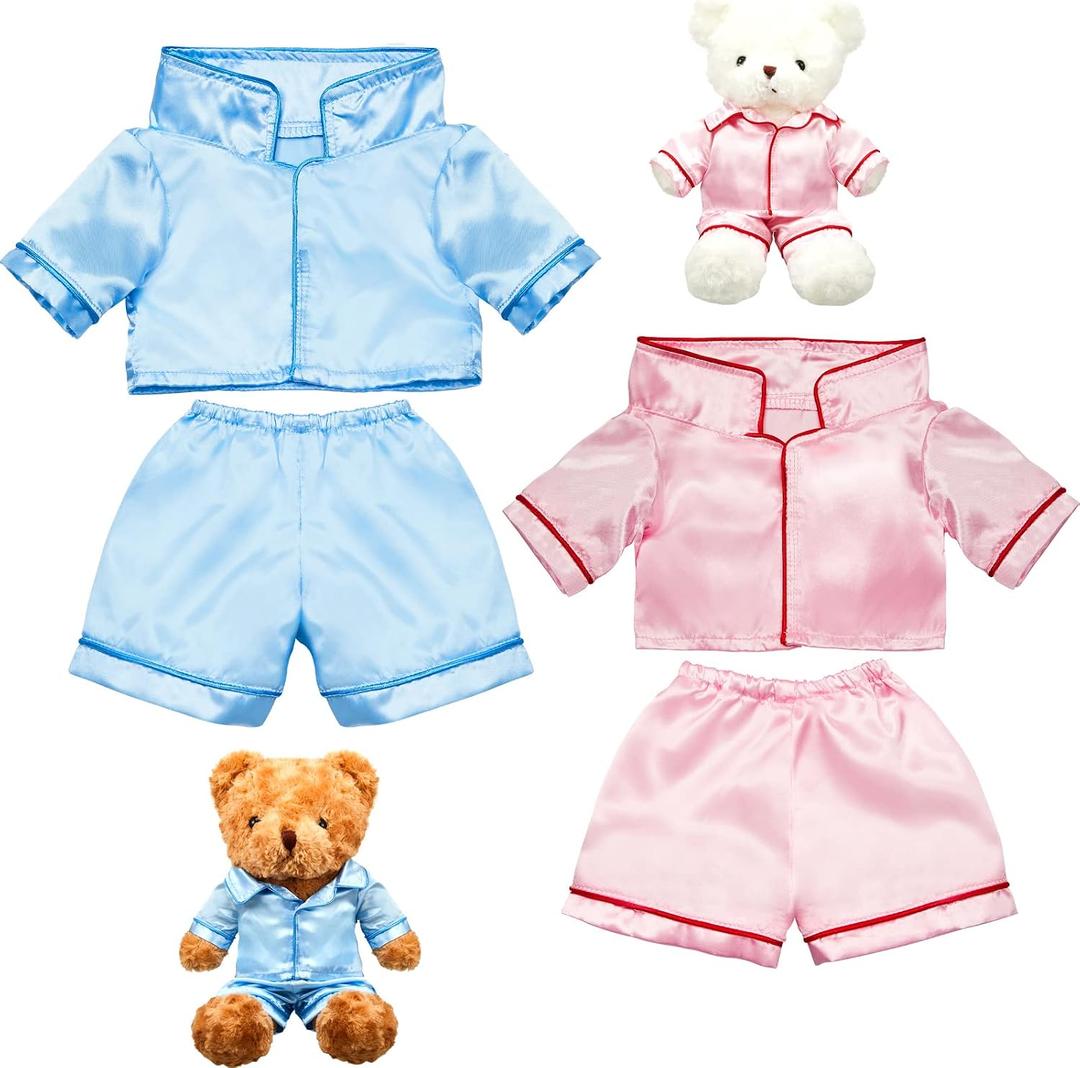 Civaner 2 Pack Blue and Pink Bear Clothes Outfit, Fit Most 12-16 Inch Bears Stuffed Animal Pajamas Plushie Clothes for Stuffed Animals, Pre-Kindergarten Toys(Solid Style)