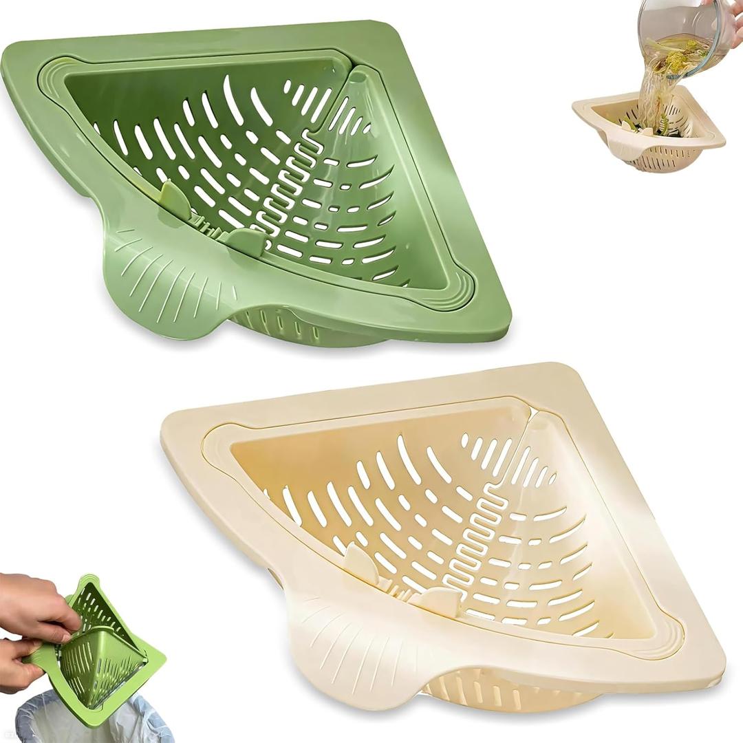 Magnetic Drainage & Filter Basket 2.0 Design, Corner Sink Strainer with Twist-Open Bottom, Triangular Drain Basket for Food Scraps & Rinsing Produce, Fits Metal Sinks (Green+White)