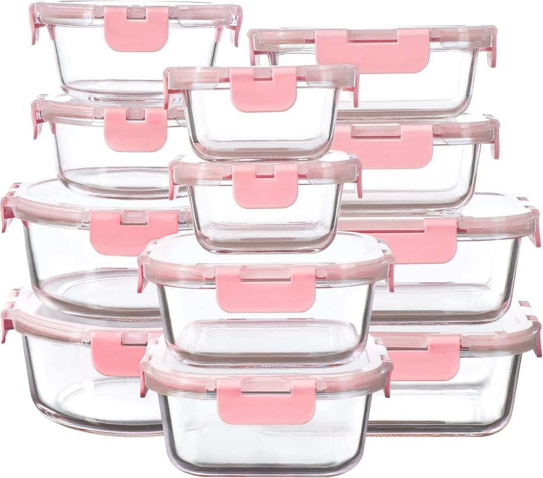 12 Pack Glass Storage Containers with Lids, Leak-Proof Meal Prep Containers, Dishwasher/Microwave/Oven/Freezer Safe Glass Food Storage Containers for Leftovers, to Go (Pink)