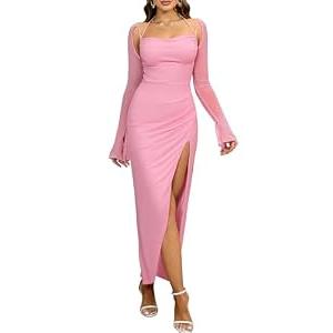 HTZMO Women's Sequin Long Sleeve Maxi Dress Sexy Halter Side Split Bodycon Formal Cocktail Party Glitter Dresses Pink S