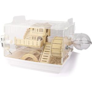 Cycodo 8 in 1 Acrylic Hamster Cage,2-Tier Dwarf Hamster Cage with Wooden Wheel & Hideout,Small Hamster Habitat with Accessories,Clear Pet Mice House(White,14" L*10" W*11" H)