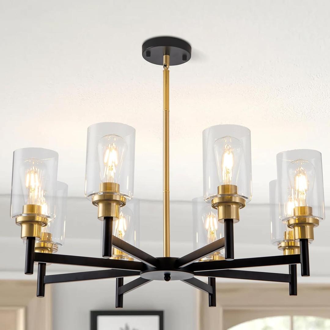 8 Light Gold Chandelier for Dining Room Light Fixtures Black & Brushed Brass Modern Farmhouse Chandelier Industrial Hanging Pendant Lighting for Living Room Kitchen with Glass Shade