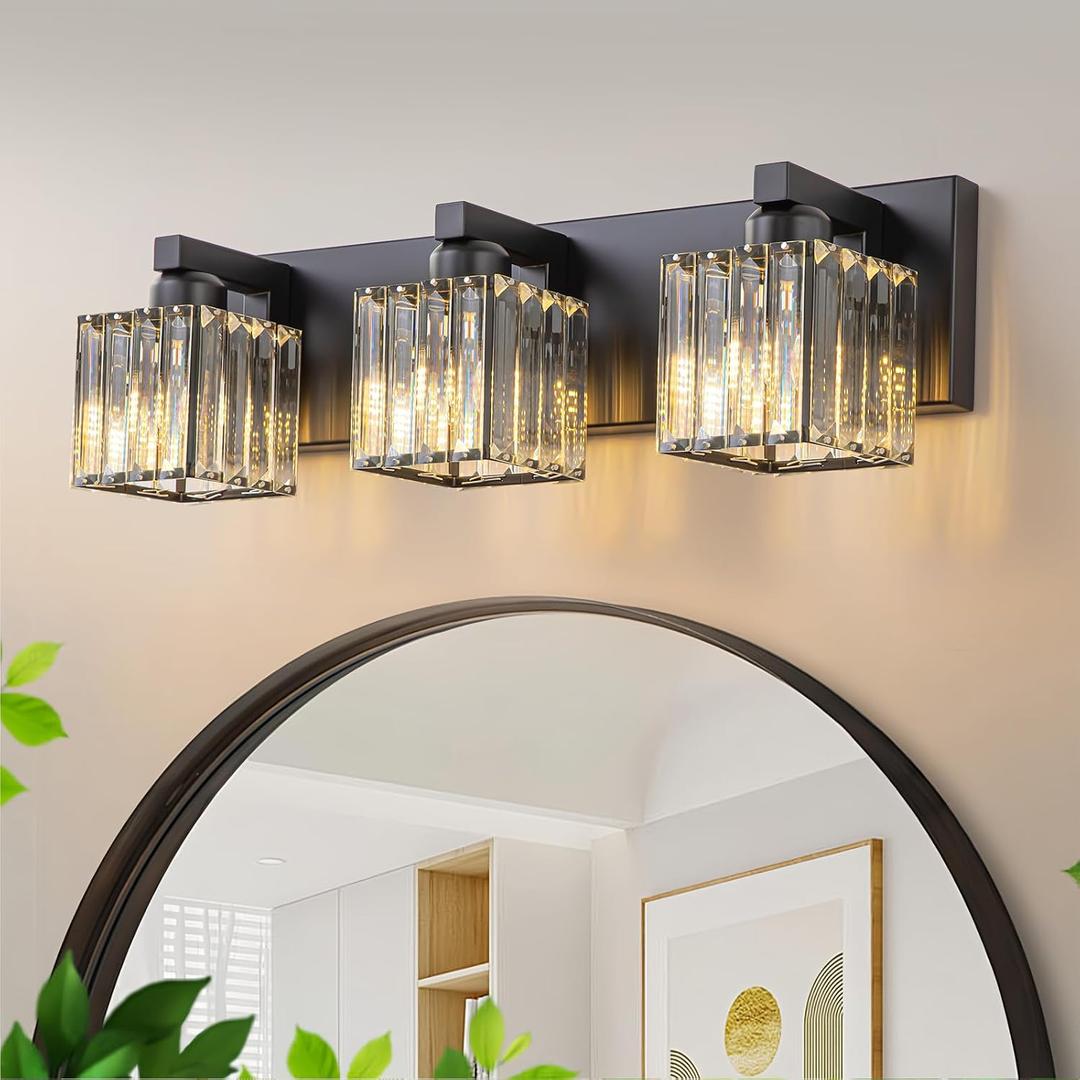 Black Vanity Light, 19.7" Modern Crystal Bathroom Light Fixtures Over Mirror 3-Light Bathroom Vanity Light