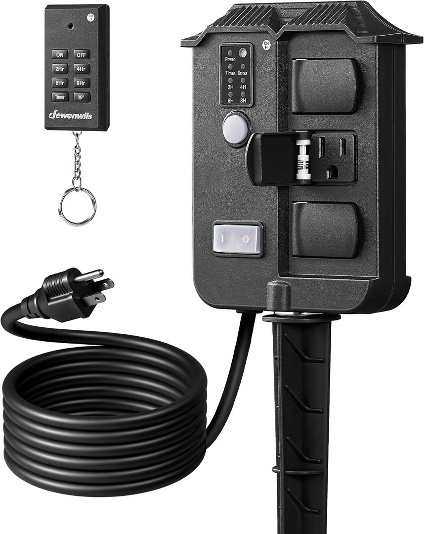 DEWENWILS Outdoor Power Stake Timer Waterproof, 6 Grounded Outlets, 6FT Extension Cord, 100FT Wireless Remote Control, Photocell Dusk to Dawn Timer for Lights, Yard, Garden, UL Listed, Black