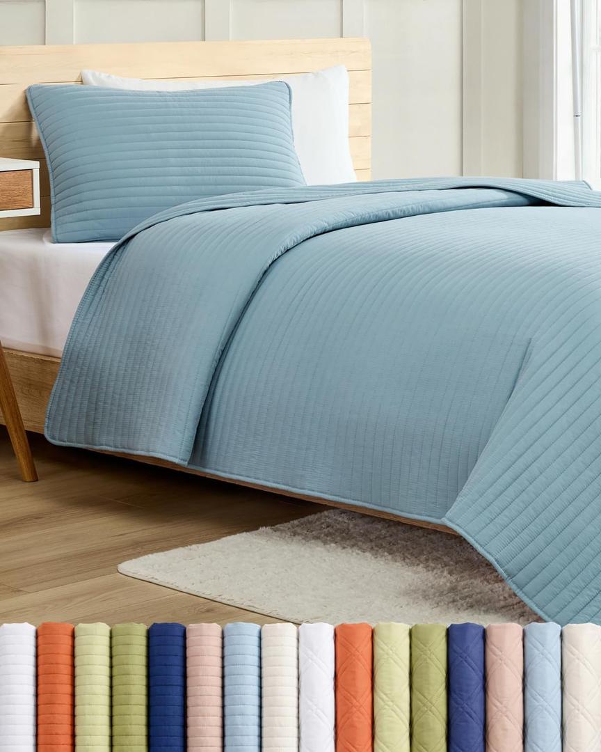 Quilt Set Twin Size - Boho Bed Set, Striped Stitch - Dusty Blue, 68" x 86" | 2 Piece Quilt Set, Lightweight Bedspread for All Seasons, Soft, Breathable & Comfy, Summer Quilted Coverlet w/ 1 Pillow Sham