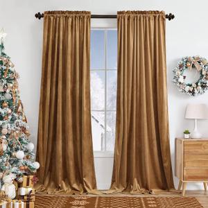 Benedeco Camel Velvet Curtains for Bedroom Window, Super Soft Luxury Drapes, Room Darkening Thermal Insulated Rod Pocket Curtain for Living Room, W52 by L84 inches, 2 Panels