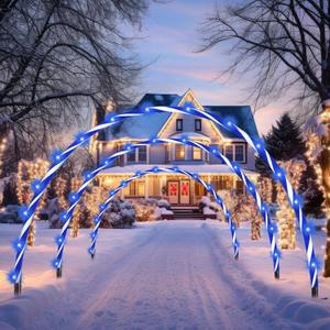 VIHOSE 10ft Christmas Candy Light Arch LED Christmas Outdoor Arches Decor with Flasher Modes Xmas Candy Cane Pathway Markers Lights for Holiday Wedding Yard Lawn Decor(6 Pcs,Blue White Stripe)