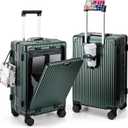 MRPLUM Front Pocket Carry On Luggage,Aluminum Frame PC Hardside Spinner Wheel Suitcase with TSA Lock,Cup Holder,Phone Holder&USB Charging Port,Dark Green(1 Piece)