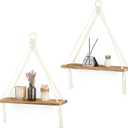 Dahey Macrame Hanging Shelf Boho Wall Decor Bedroom 2 Packs Rustic Wood Floating Shelves for Room Nursery Bathroom Living Room College Dorm Storage for Hanging Plants Photos, White
