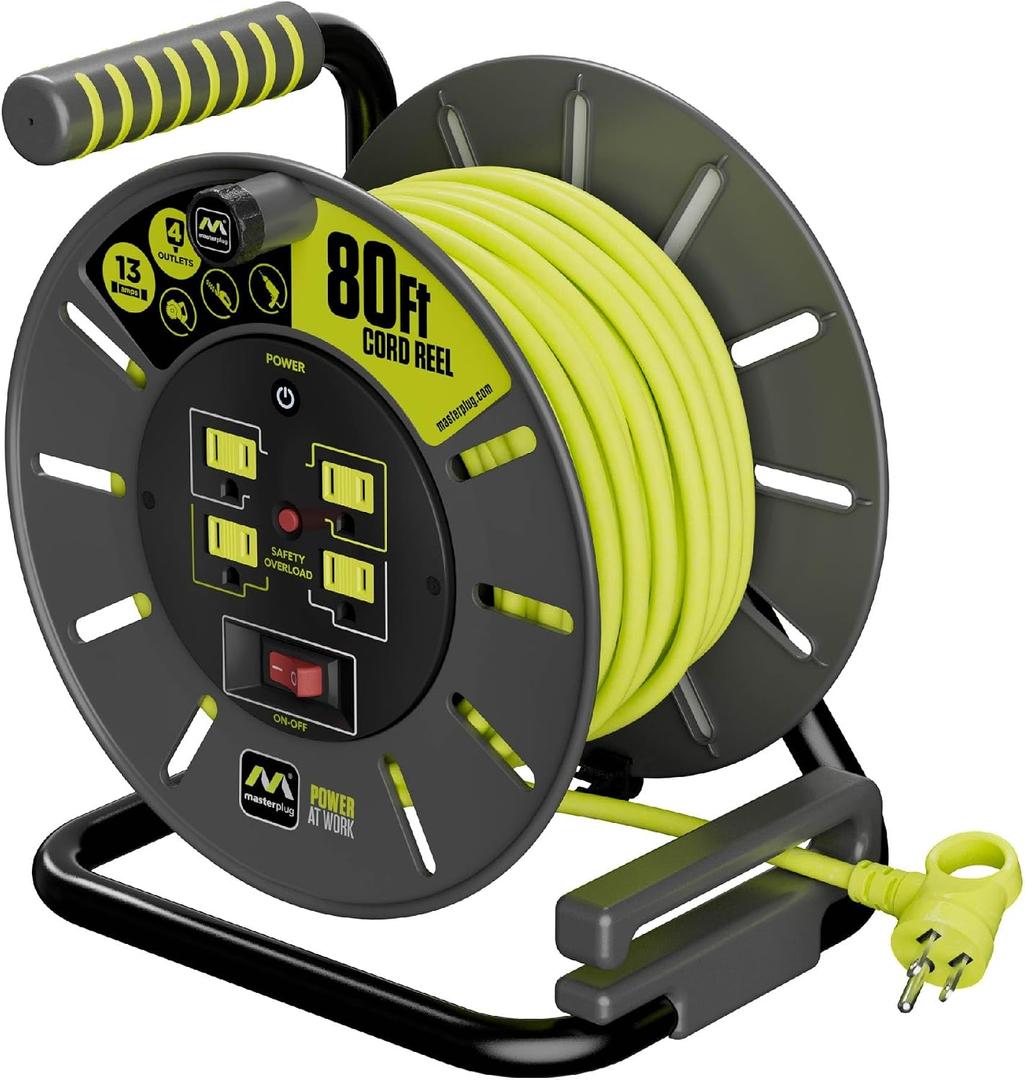 Masterplug 80ft Cord Reel, Retractable Extension Lead with Winding Handle, Safety Overload Circuit Breaker and Power Switch, 4X Grounded Outlets, 13amps, 14AWG Cable