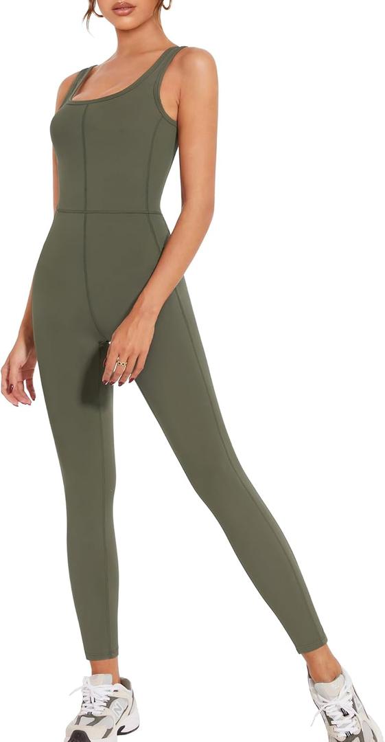 Annebouti Adjustable Spaghetti Strap Jumpsuits for Women One Piece Full Length Rompers Square Neck Workout Bodysuit (Medium, Style-2 Army Green)