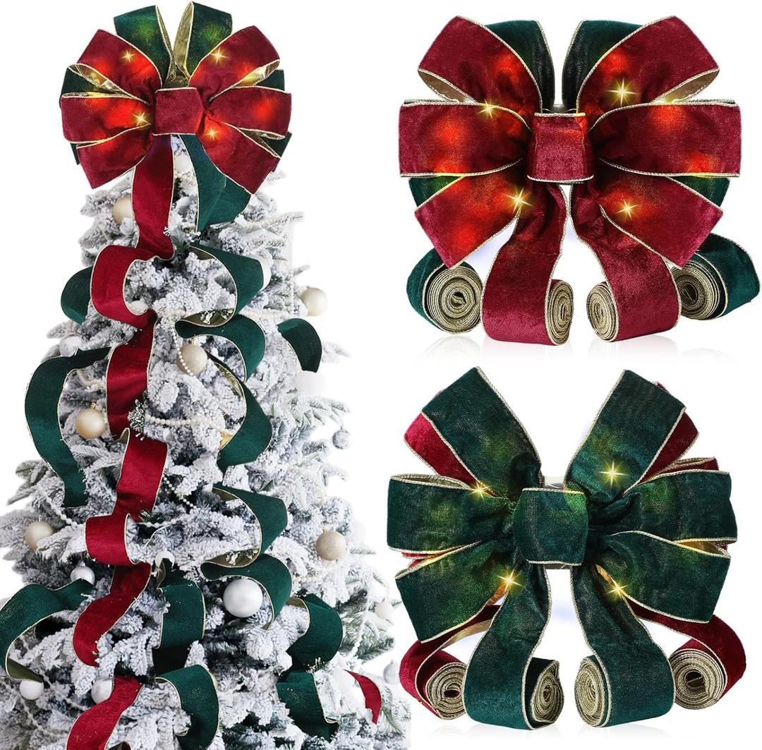 Soulchen Velvet Large Christmas Tree Topper Bow 12.6 x 118 Inch Lighted up Double Side Velvet Christmas Bow with 4 x 3 Yards Ribbon Streamers for Holiday Xmas Tree Party Decoration(Green)
